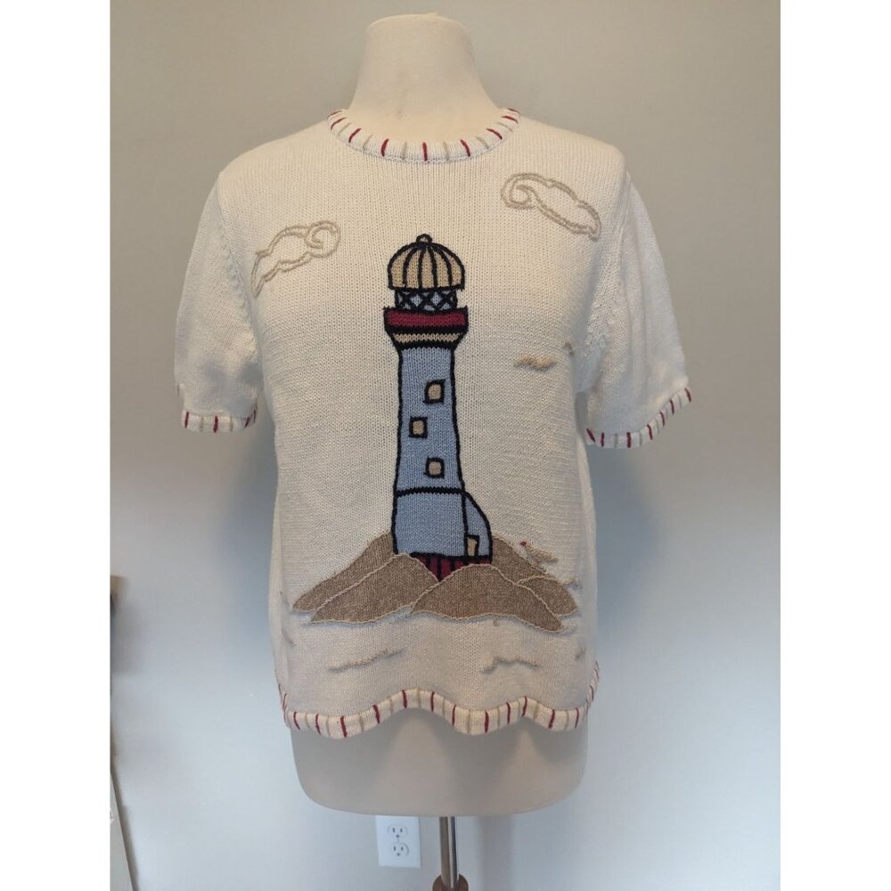 Hand-Embroidered Christopher & Banks Lighthouse Sweater M  Nautical